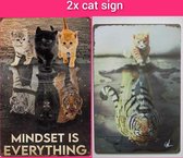 Kattenhebbedingen - 2x wandbord - 2x cat sign - 2x Katten tekstbord - kat en tijger - mindset is everything