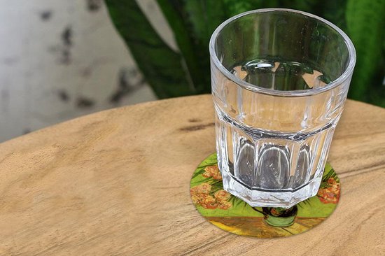 Sous-verres pour verres - Ronds - Vase nature morte avec lauriers roses et livres - Peinture de Vincent van Gogh - 10x10 cm - Sous-verres en verre - 6 pièces