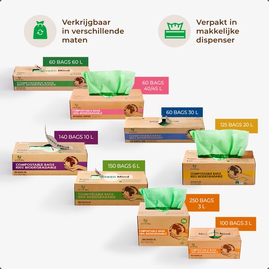 Overzicht van verschillende maten groene, biologisch afbreekbare afvalzakken van Mr. Green Mind.