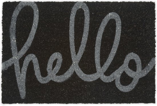 Relaxdays deurmat hello - kokosmat - 60 x 40 cm - voordeurmat - antislip - zwart/grijs