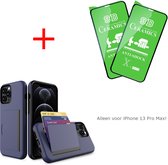 Cover voor iPhone 13 Pro Max met verborgen pasjeshouder  + 2x screenprotector - iPhone 13 Pro Max case Donker Blauw - iPhone 13 Pro Max hoesje Donker Blauw