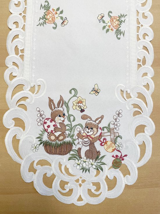 Tafelloper - twee paashazen en paaseieren - Pasen - Creme - Loper 90 cm