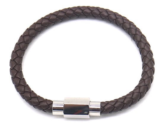 Dielay - Bracelet Homme - Cuir Tressé - Fermoir Acier Inoxydable - 21 cm - Marron