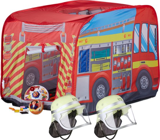 Ensemble de pompiers 3 pièces Relaxdays - 2 casques de pompier avec visière - tente de jeu - pour enfants