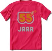 55 Jaar Feest T-Shirt | Goud - Zilver | Grappig Verjaardag Cadeau Shirt | Dames - Heren - Unisex | Tshirt Kleding Kado | - Roze - XXL