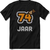 74 Jaar Feest T-Shirt | Goud - Zilver | Grappig Verjaardag Cadeau Shirt | Dames - Heren - Unisex | Tshirt Kleding Kado | - Zwart - M