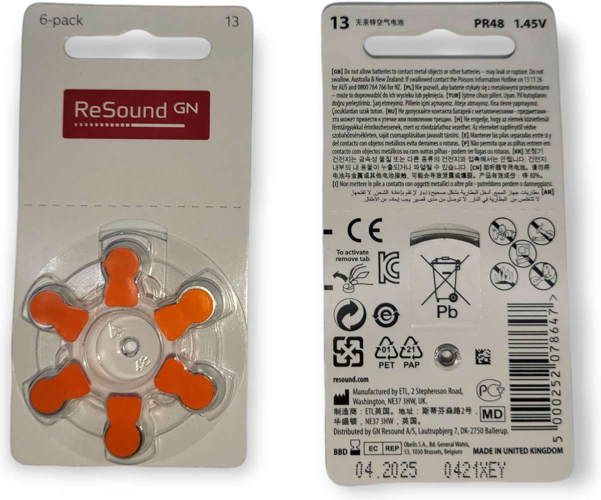 Resound hoortoestel batterijen P13 - oranje sticker