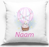 Kussen bedrukken met foto konijn in luchtballon en naam