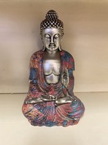 Decoratieve Boeddha zittend - Meerkleurig + zilver - hoogte 21 cm x 13 x 12 cm - polyresin - Woonaccessoires