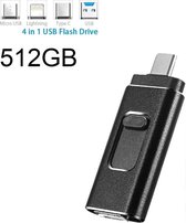 DrPhone EasyDrive - 512GB - 4 In 1 Flashdrive - OTG USB 3.0 + USB-C + Micro USB + Ligtning iPhone - Android - Tablet Opslag - Zwart