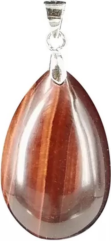 Druppelvormige rode tijgeroog hanger met zilveren oogje, glanzend.