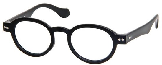 Lunettes de lecture noires avec verres ronds et monture épaisse, deux points sur chaque branche.