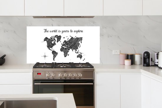 Spatscherm keuken 120x60 cm - Kookplaat achterwand Wereldkaart - Zwart - Quote - Muurbeschermer - Spatwand fornuis - Hoogwaardig aluminium