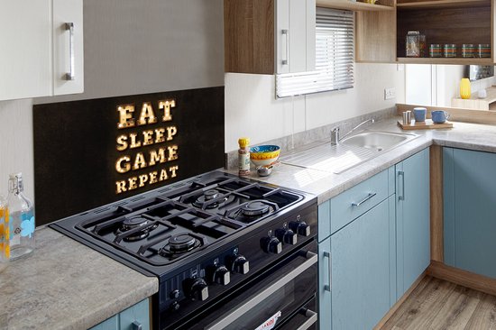Spatscherm keuken 90x45 cm - Kookplaat achterwand Gaming - Games - Quotes - Spreuken - Eat sleep game repeat - Muurbeschermer - Spatwand fornuis - Hoogwaardig aluminium