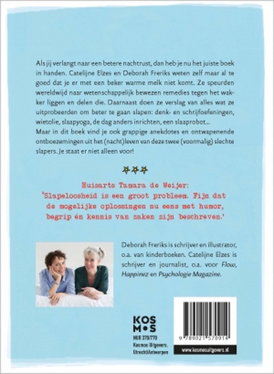 Twee vrouwen poseren naast elkaar, met een glimlach. Tekst over het boek en de auteurs.