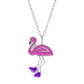 Zilveren ketting meisje | Zilveren ketting met hanger, flamingo op rolschaatsen