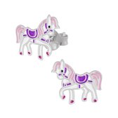 Oorbellen meisje zilver | Zilveren oorstekers, paard met roze manen en paars zadel