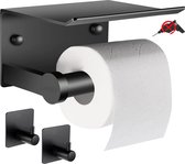 Toiletrolhouder Ophangen Zonder Boren Zwart Zelfklevend Telefoonplankje Muur Glaswand Tegels Incl. 2 Handdoekhouders