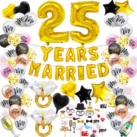 25 jaar getrouwd feestpakket 89-delig - 25 jaar getrouwd - 25 jaar getrouwd versiering - 25 jaar huwelijk - 25 jaar jubileum - 25 jaar getrouwd feestartikelen