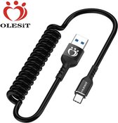 Olesit Intrekbare USB-C Type C Flexibele Elastische Koord Snel Lader – 3.0A – 150 CM – Zwart / Zilver
