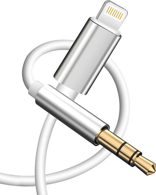 MMOBIEL iPhone Lightning naar Headphone Jack Audio Aux Kabel (1 meter) - (WIT / ZILVER) - MMOBIEL