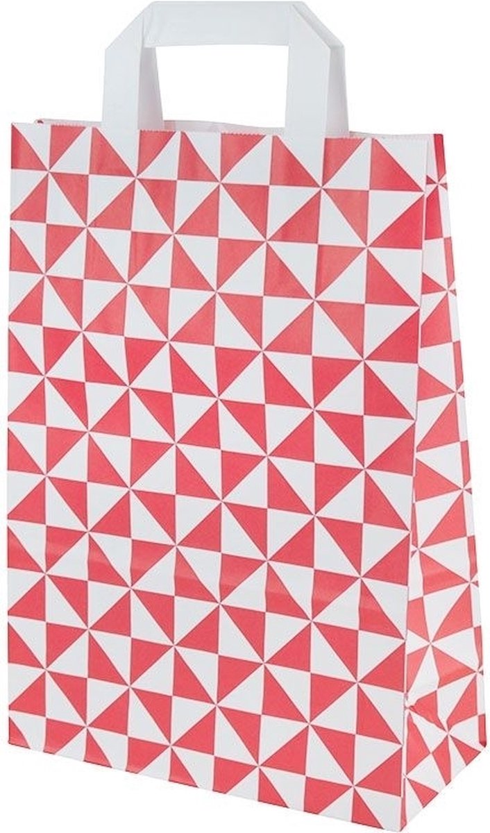 25 x Papieren Cadeau draagtassen - Geschenk verpakking - Zakjes 'Trigon' 22+10x31cm Rood/wit