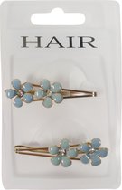 Haarspeld - Haarschuifje 5.0cm Bloemetjes met Strass Steentje - Turquoise/Blauw - 2 stuks