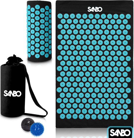 Sanbo acupressuur mat met kussen - 68x42x2cm - spijkermat incl. Gratis app & 2x triggerpoint bal - draagtas - shakti mat - zweedse spijkermat