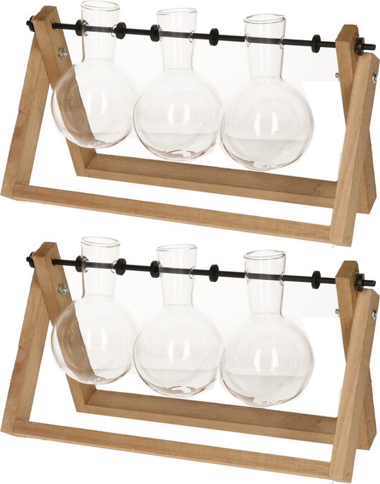 2x stuks stekset van hout 25 x 14 cm met 3 glazen vaasjes 11 x 6 cm – woondecoratie / woonaccessoires