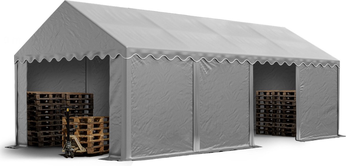 Opslagtent 4x8 m stabiele industrietent met PVC-Zeil 750 N grijs beschutting met grondframe