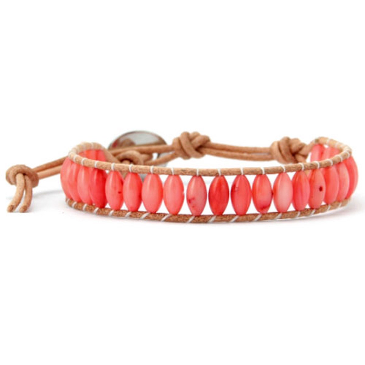 Marama - wikkelarmband Roze Jade Edelstenen - dames armband - leer - 20 cm - cadeautje voor haar