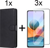 Xiaomi Redmi Note 10S hoesje bookcase met pasjeshouder zwart wallet portemonnee book case cover - 3x Xiaomi Redmi Note 10S screenprotector