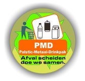 Afvalbak recycling symbool sticker. PMD symbool . plastic-, metaal-, drinkpak afval.