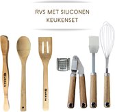 Quttin Keukenset | Bamboe en Siliconen | Sashimi Mes, Bamboe Pollepel en Spatel, Siliconen RVS Knoflookpers en Kwast