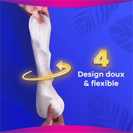 Always Platinum maandverband wordt flexibel getoond met een roze bloemenpatroon. "Design zacht & flexibel".