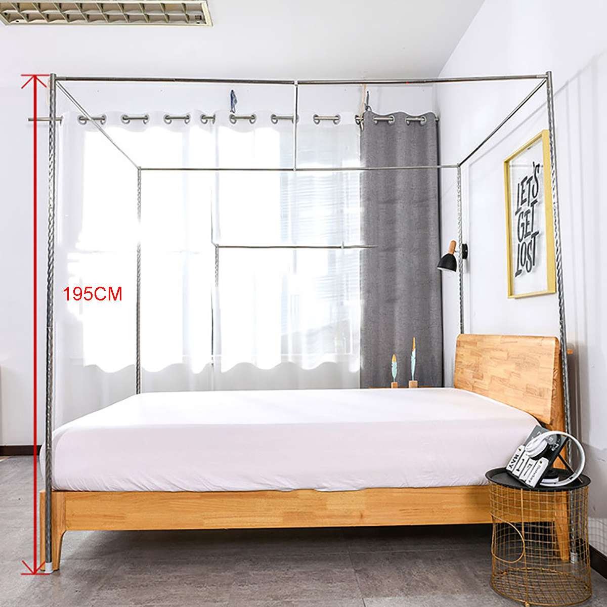 KOSGK Klamboe Frame, RVS Bed Gordijn Post, 4 Hoek Bed Luifel Post, Klamboe Beugel, Fit Bed, Zilver, 22mm, 1.35×2m bed