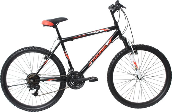 Zwarte mountainbike met rode accenten en zadel. Het frame heeft de tekst 'Tounis Leeds 2.0'.