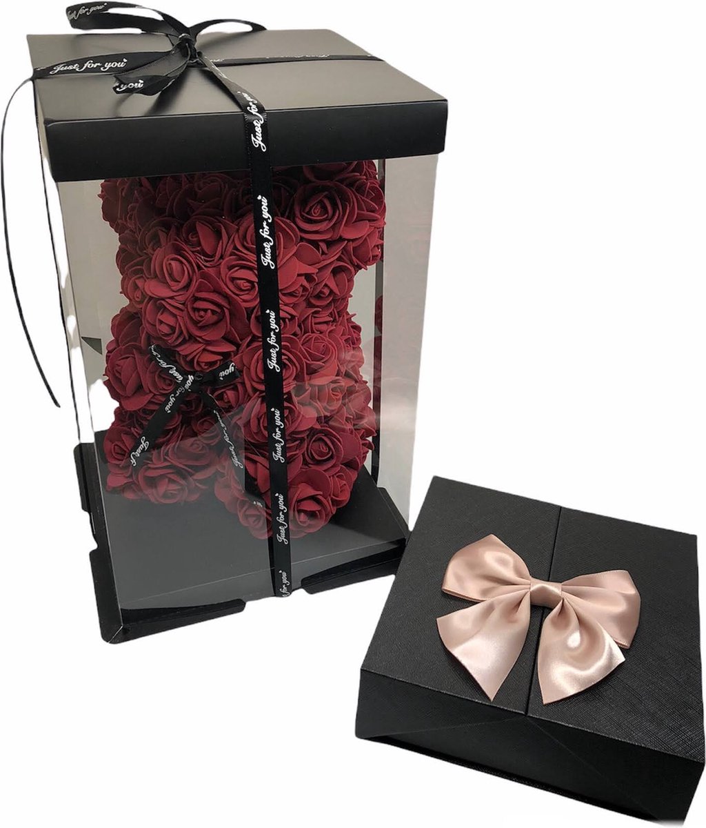Flowerbox butterfly met Silverplated Swarovski hart ketting en Rose Bear Dark Red – Giftbox vrouwen – Valentijn – Moederdag cadeau - kado