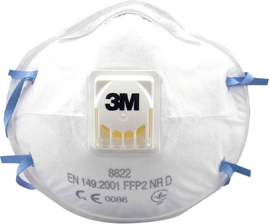 Wit 3M 8822 FFP2 stofmasker met blauwe elastieken en een wit ademventiel met gele details.