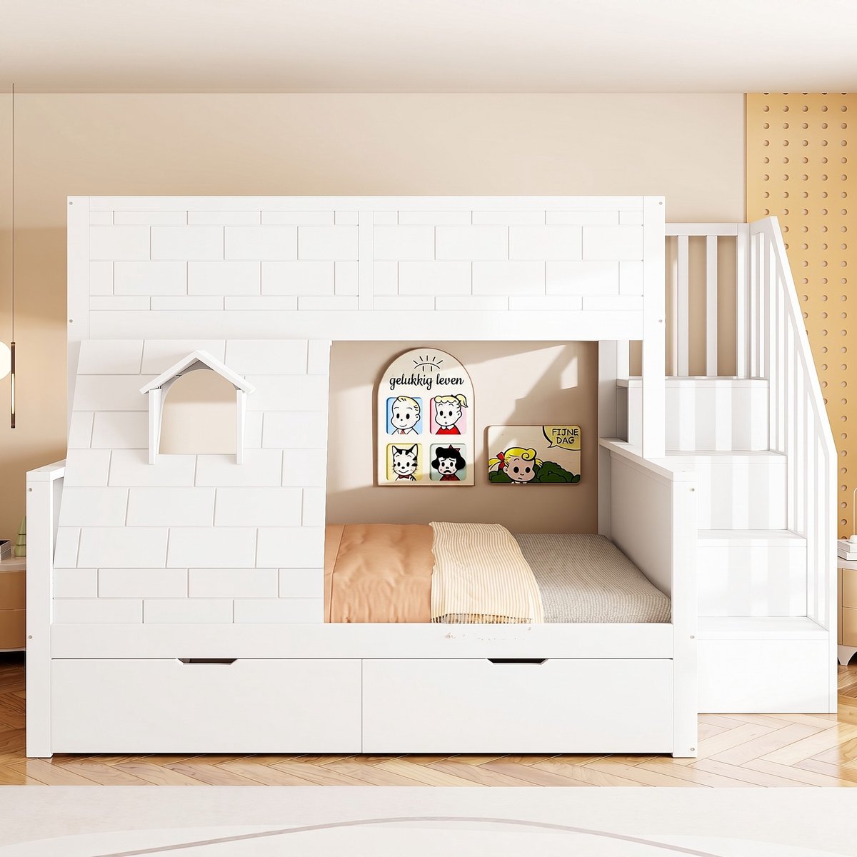 VVBV Stapelbed 90x200 / Stapelbed met opbergruimte / Kinderstapelbed – met Trap, Lades, Ladder – Massief Hout – Wit – Kinderstapelbed met Lades White