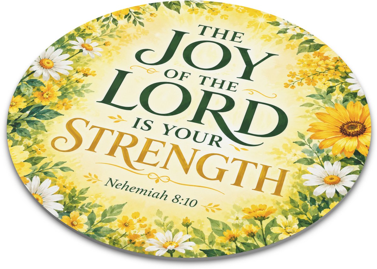 Ronde muismat met christelijke bijbeltekst Nehemiah 8:10 – zonnige bloemen aquarel met margrieten, gele bloemen en quote The Joy Of The Lord