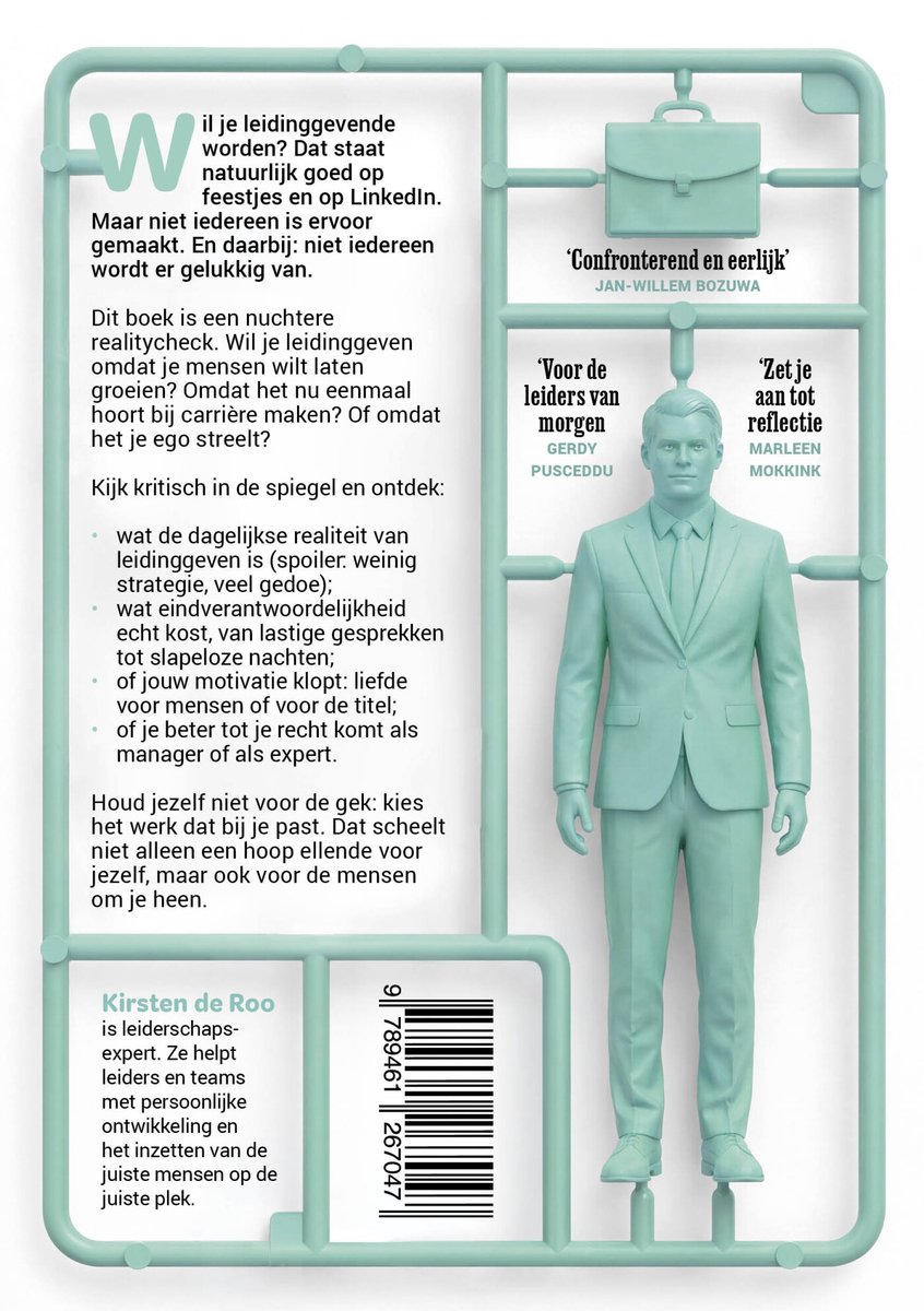 Lichtgroene plastic figuur van een man in een pak met de tekst 'Confronterend en eerlijk'.