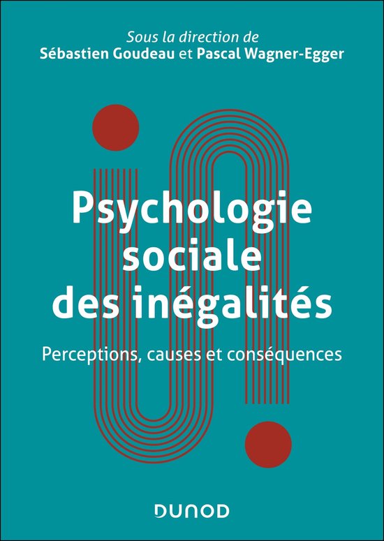 Boek 'Psychologie sociale des inégalités' met rode cirkels en lijnen op een turquoise achtergrond. Titel: 'Psychologie sociale des inégalités'.