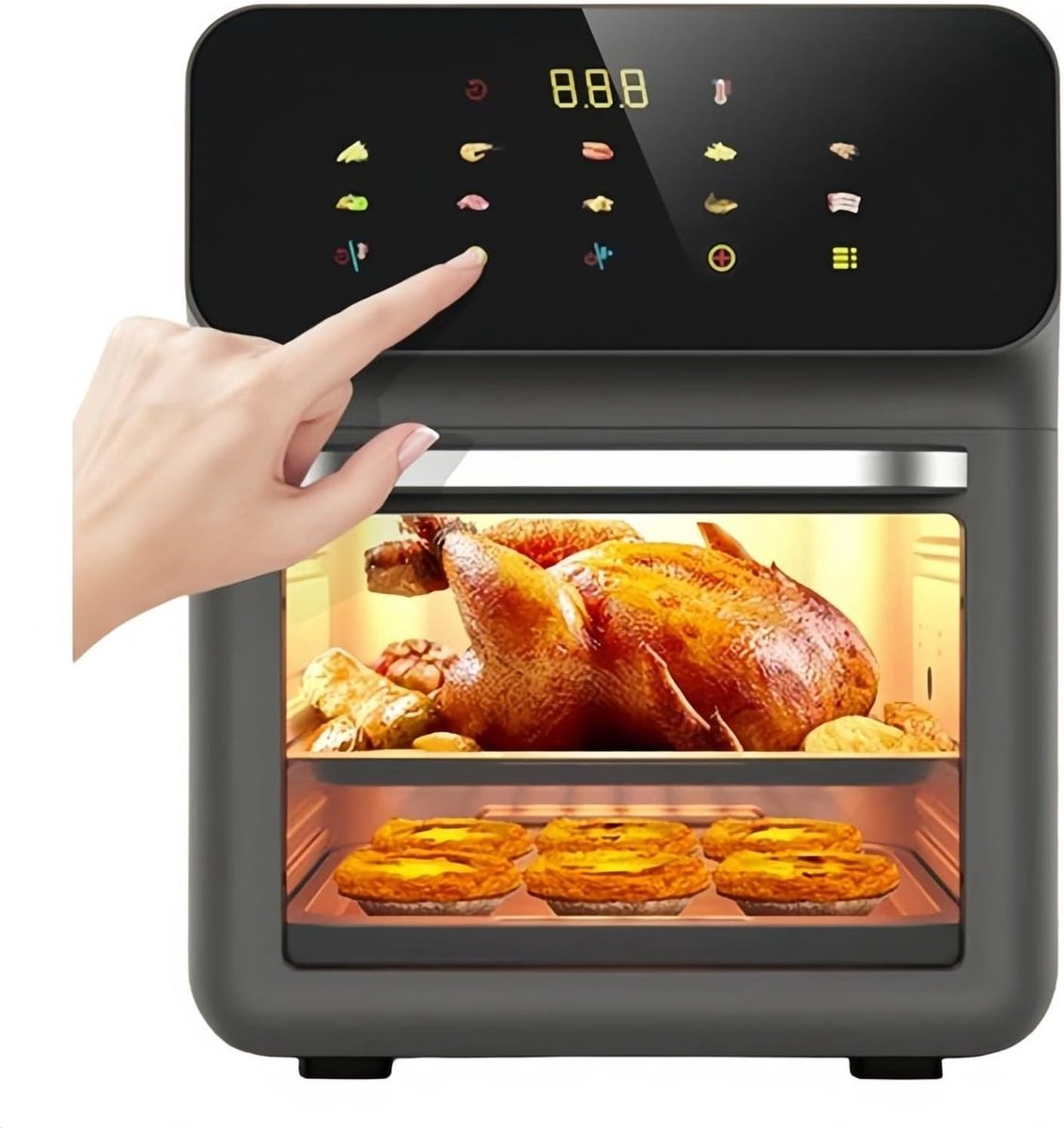 15L grote luchtfriteuse-oven, dubbele zone luchtfriteuse-oven, olievrije elektrische luchtoven, instelbare temperatuur 0-200 ℃, 1350 W, uitpakken Automatische stroomuitval