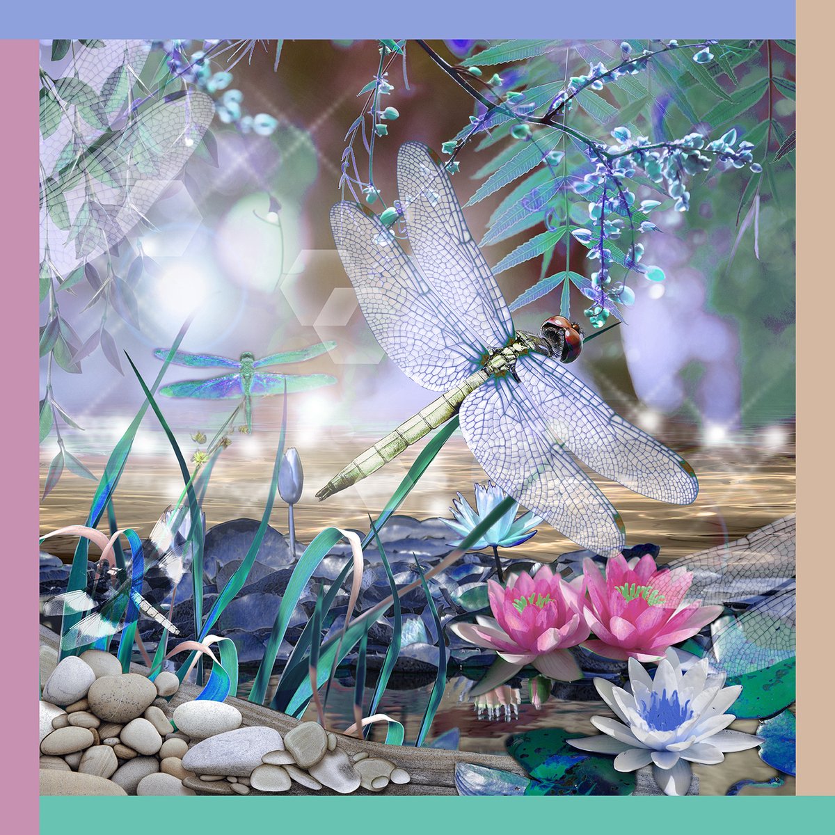 Zijden bandana met libelle print in blauwe kleuren