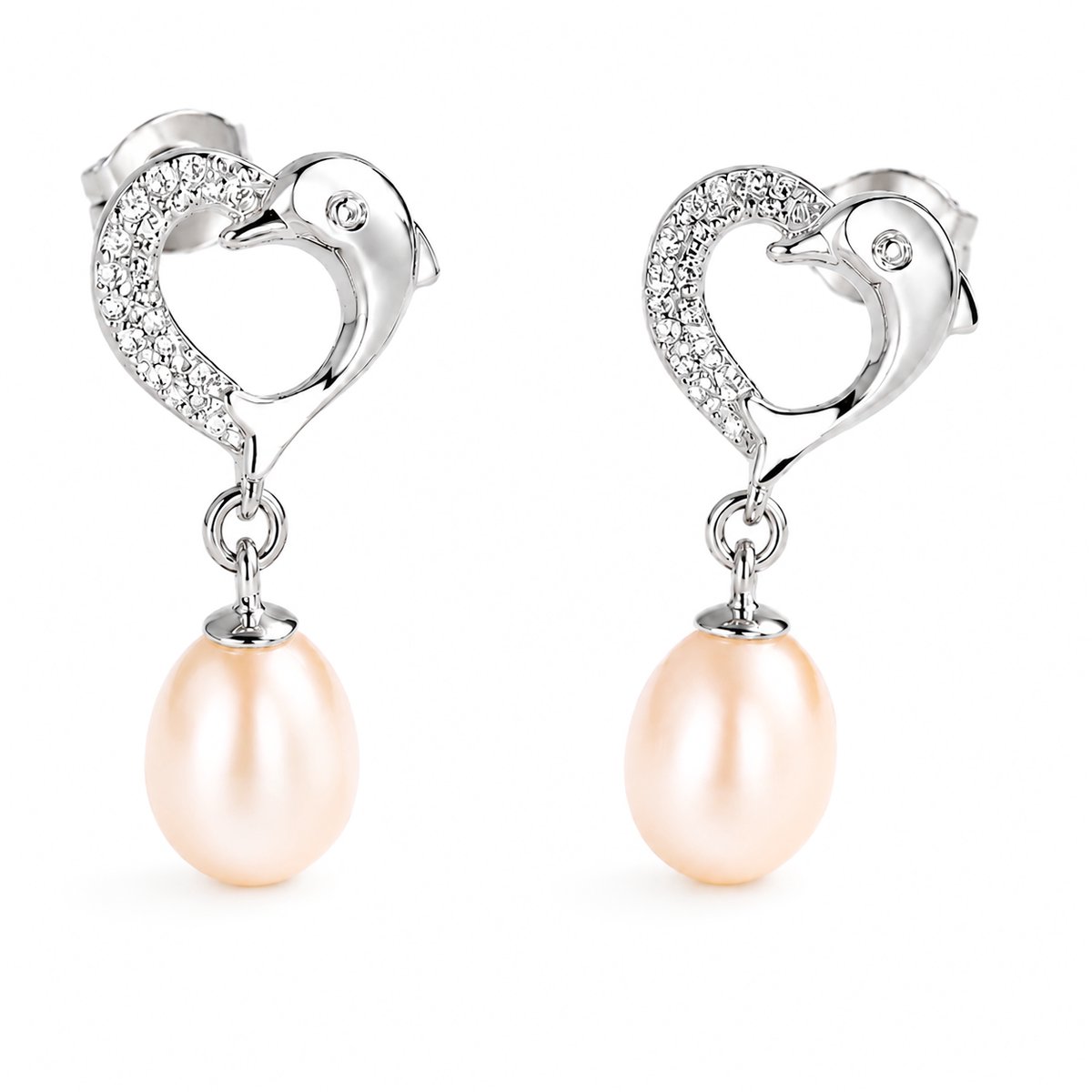 Mbrace Zilveren oorstekers met perzikkleurige parel – hartvormige dolfijn oorbellen met zirkonia – elegante dames oorhangers – stijlvol en verfijnd sieraad