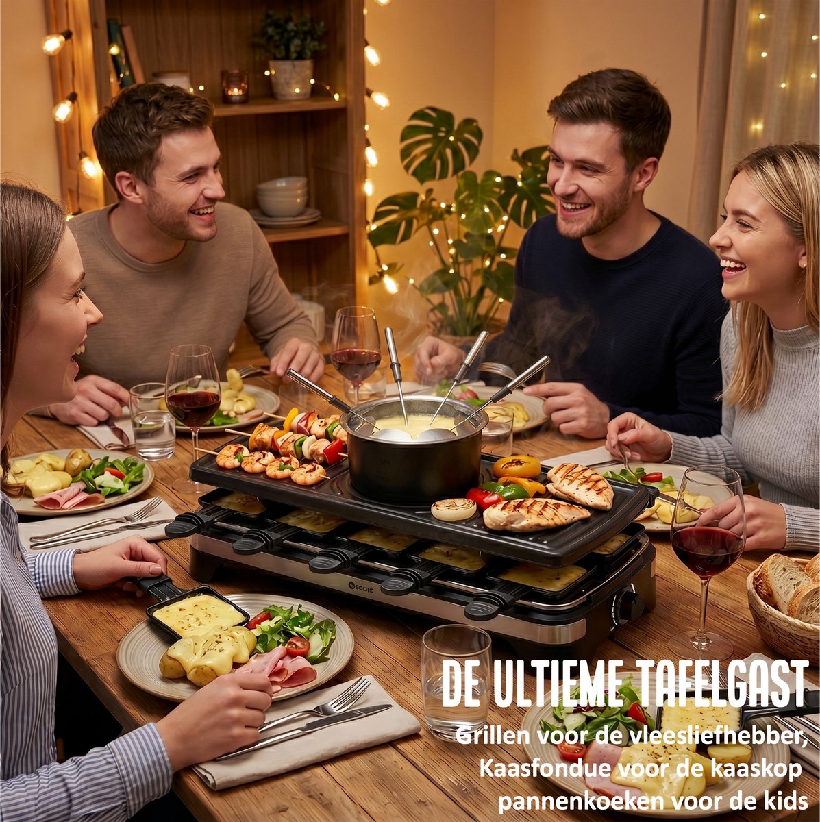 Coock Gourmetstel en Fondue Set 2-in-1 - Raclette voor 8-10 Personen - Inclusief 8 Fonduevorkjes & 10 Pannetjes - 1500W - XL Bakplaat - RVS – foto 8