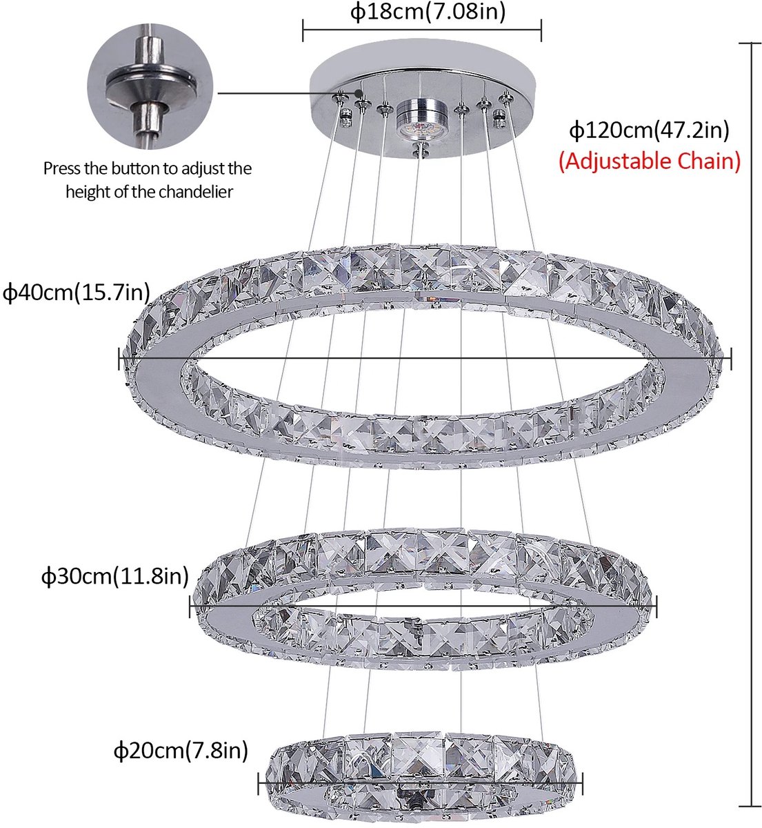 QUESTYR Luxe Kristallen Kroonluchter – Chrome – 3‑Ring LED Plafondlamp – 40/30/20 cm – Modern Design – Inclusief LED