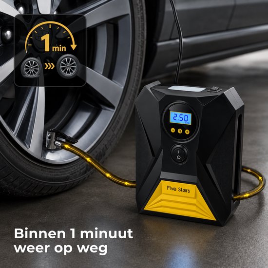 Zwarte en gele Five Stars luchtcompressor pompt een autoband op. Tekst geeft aan: 'Binnen 1 minuut weer op weg'.