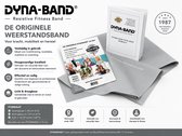 Grijze Dyna-Band weerstandsband van 90 cm lang, met een gedrukte brochure.